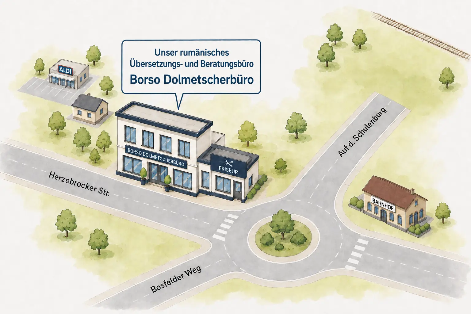 Illustrierte Karte zum Borso Dolmetscherbüro